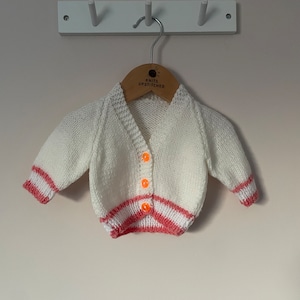 Pink & white hand knitted personalised cardigan 0-3 months
