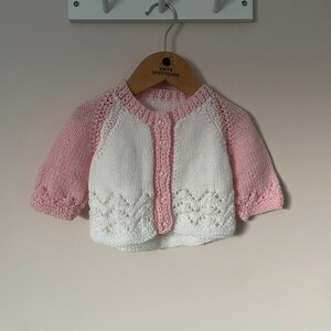 Pink & white hand knitted personalised cardigan 3-6 months