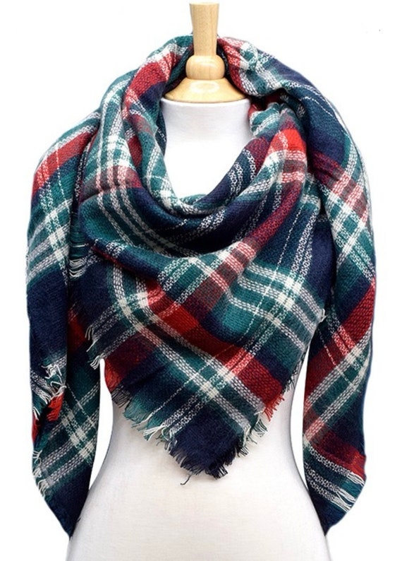 Handmade Blanket Scarf Tartan Plaid Navy Shawl Kimono