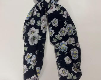 Handmade Silk Hair Scrunchie Hair Tie Scrunchy Scarf Blue Floral Bow
