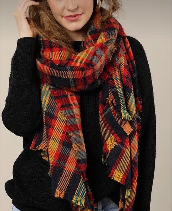 Handmade Blanket Scarf Mustard Yellow Tartan Plaid Shawl Fall