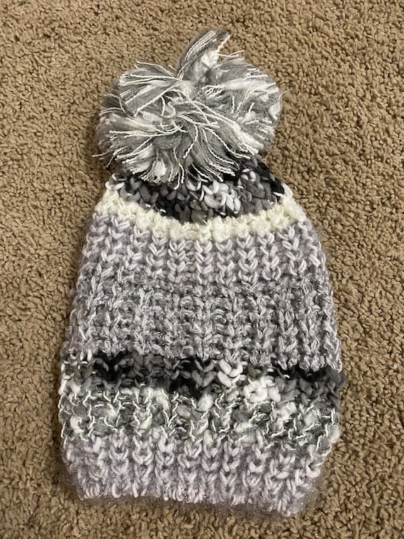 Handmade Gray Stripe Pom Pom Beanie One Size Skull Cap Ski 