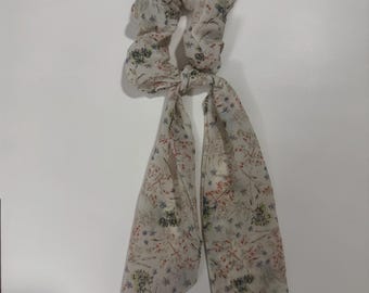 Handmade Silk Hair Scrunchie Hair Tie Scrunchy Scarf White Floral Bow