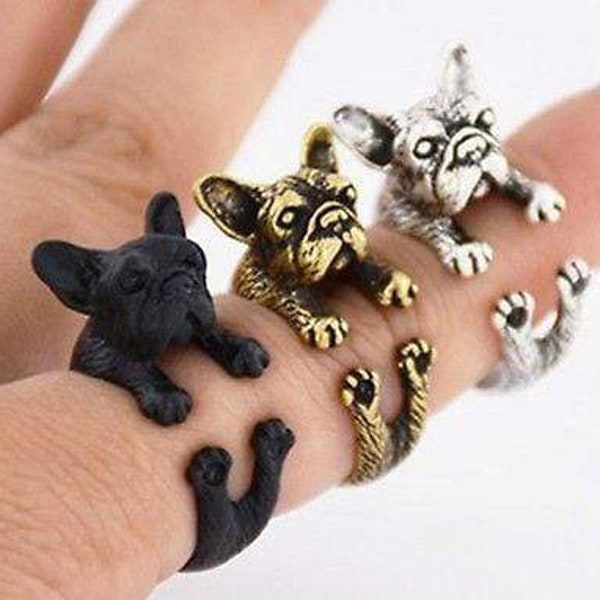 Handmade French Bulldog Adjustable Ring Black Gold or Silver Frenchie