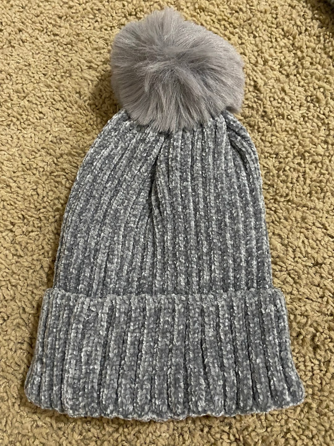 Handmade Gray Pom Pom Chenille Beanie One Size Skull Cap Ski Hat
