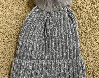 Handmade Gray Pom Pom Chenille Beanie One Size Skull Cap Ski Hat
