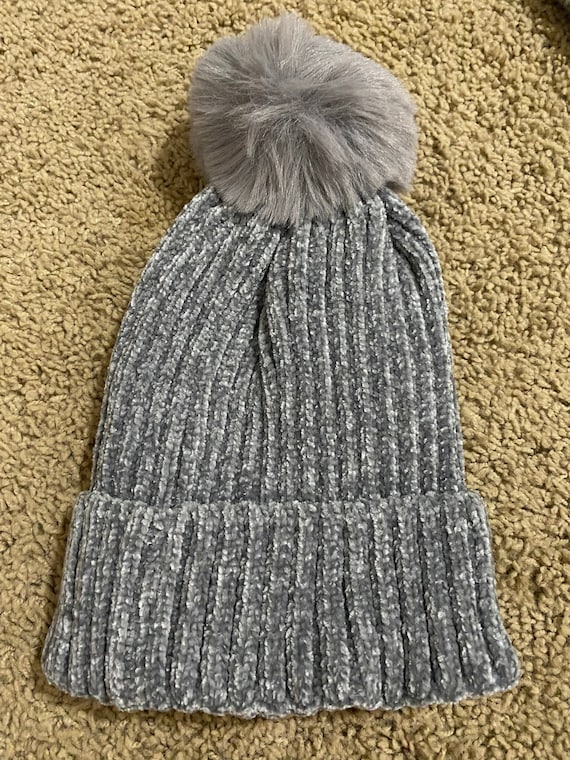 Handmade Gray Pom Pom Chenille Beanie One Size Skull Cap Ski Hat