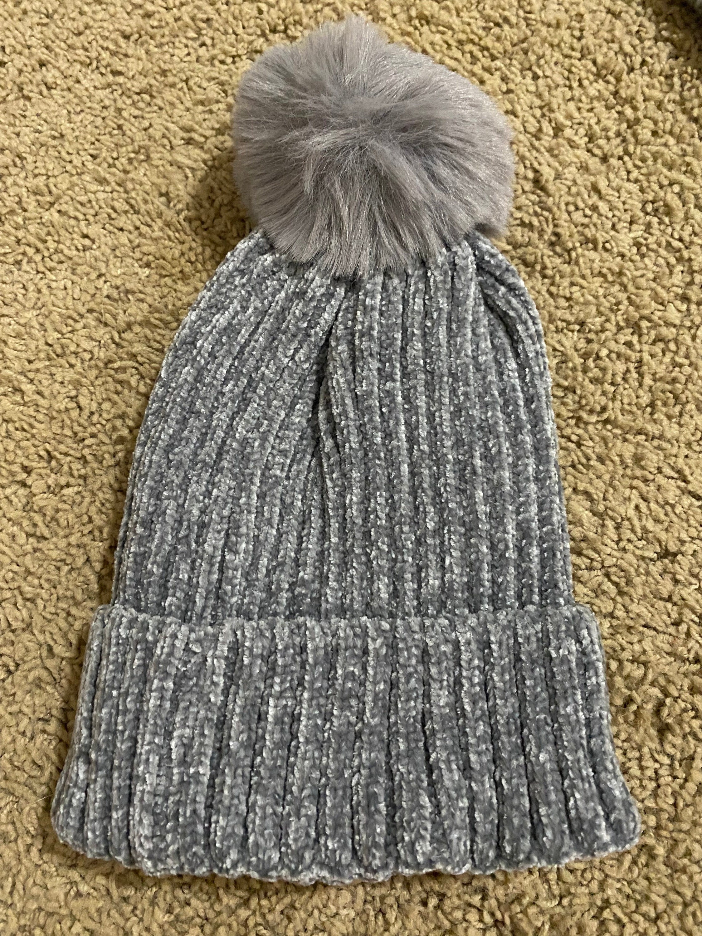 Handmade Gray Pom Pom Chenille Beanie One Size Skull Cap Ski Hat