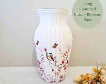 Cherry Blossom Tall Glass Vase, Pretty Pink Floral Butterflies Birds Flower Vase, Wildlife Bird Gifts, Cherry Blossom Table Centerpiece Vase