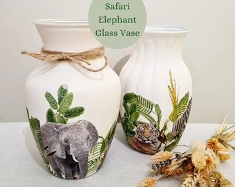 Safari Elephant Zebra Vase, Tiger Giraffe Glass Vase, Jungle Animals Home Decor Gift, Wildlife Lovers Birthday New Home Housewarming Present