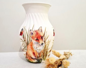 Fox Robin Glass Vase, Fox Gifts, Fox Ribbed Flower Vase, Wildlife Country Fox Birthday Anniversary Vase, Foxes Robins Pretty Home Decor Vase