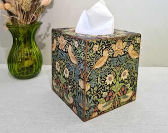 William Morris Wood Tissue Box, Floral Birds Tissue Holder, Country Cottage Tissue Cover Box, Green Gold Birds Strawberry Thief Tissue Box