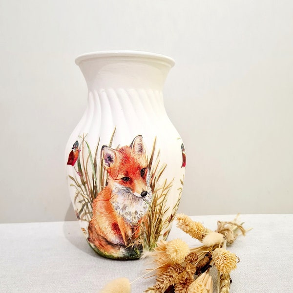 Fox Robin Glass Vase, Fox Gifts, Fox Ribbed Flower Vase, Wildlife Country Fox Birthday Anniversary Vase, Foxes Robins Pretty Home Decor Vase