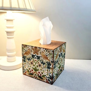 William Morris Wood Tissue Box, Floral Gold Green Birds Tissue Holder, Luxury Pine Tissue Box, Strawberry Thief Bird Lovers Tissue Cover Box