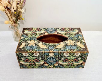 William Morris Tissue Box, Strawberry Thief Green Gold Floral Birds Tissue Holder Country Cottage Bedroom Decor Tissue Box Birds Themed Gift