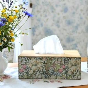 William Morris Golden Lily Tissue Cover, Large Luxury Pine Decoupaged Floral Tissue Box