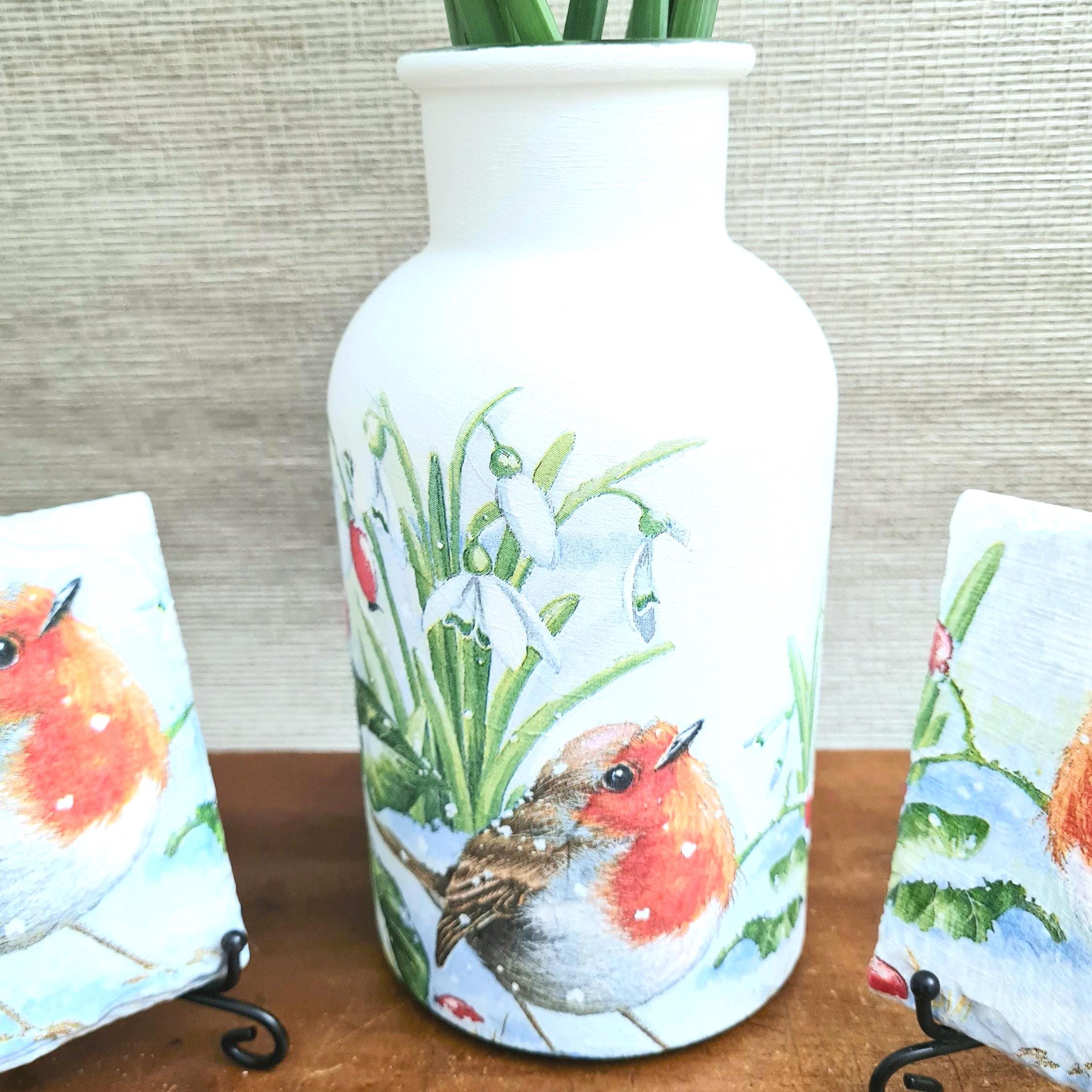 Robin Decoupaged Robin and Snowdrops Vase Coasters Gift Set, Decoupaged Floral Bird ...