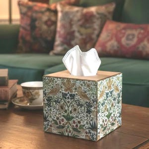 William Morris Strawberry Thief Gold Tissue Box, Handmade Wooden Tissue Cover, Home Decor Gift