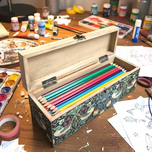 William Morris Large Wooden Pens Pencils Box, Floral Stationery Trinket Box, Desk Organiser