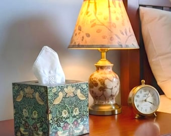 William Morris Tissue Cover Box, Strawberry Thief Floral Green Gold Accents, Hand Crafted