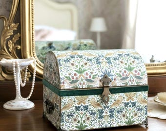 William Morris Floral Sewing Box, Upcycled Arts and Crafts Storage Chest, Floral Birds Design