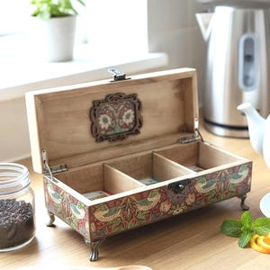 William Morris Wooden Tea Box, Floral Bird Design, Tea Storage with Selection of Teabags