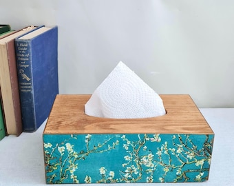 Van Gogh Almond Blossom Tissue Box, Turquoise Floral Luxury Pine Tissue Cover, Hand Decorated