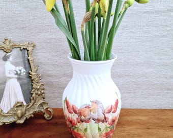 Poppy and Robins Glass Vase, Floral Remembrance Memorial Vase, Decoupage Design