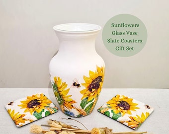 Sunflowers Vase Slate Coasters Gift Set, Floral Birthday Retirement Anniversary Gift, Sunflower Flower Vase, New Home Sunflower Gift Set