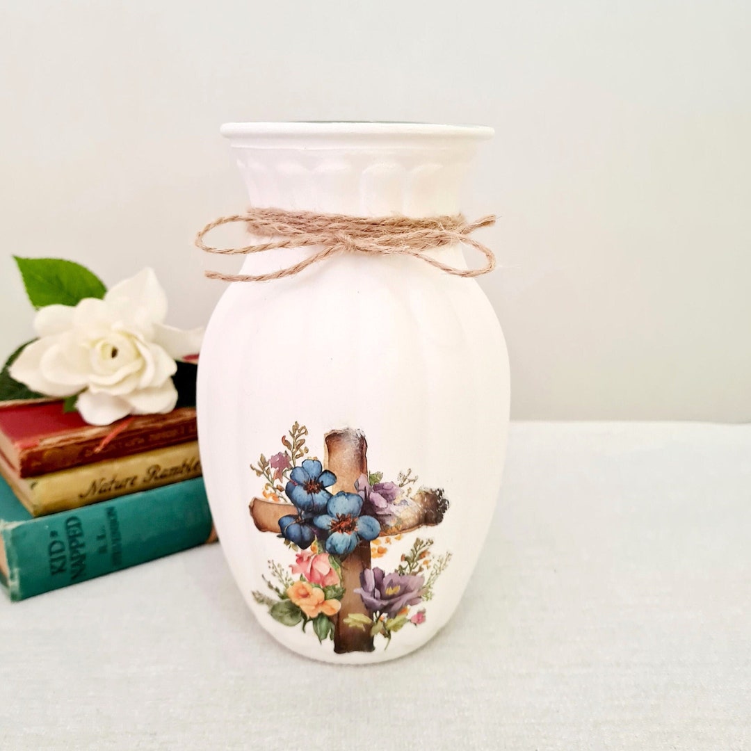 Personalised Memorial Vase, Floral Cross Glass Vase, in Loving Memory