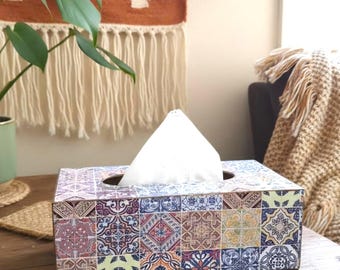 Moroccan Style Wooden Tissue Box, Decoupaged Mosaic Tile Designed Tissue Cover