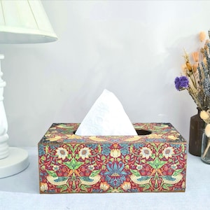 William Morris Red Strawberry Thief Tissue Box, Large Wooden Tissue Cover with Pull-Out Base