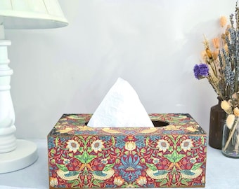 William Morris Red Strawberry Thief Tissue Box, Large Wooden Tissue Cover with Pull-Out Base