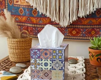 Moroccan Style Wooden Cube Tissue Box, Decoupaged Mosaic Tile Designed Tissue Cover
