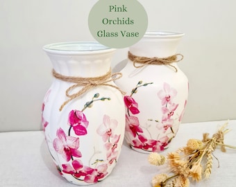 Pink Orchids Glass Vase, Floral Orchid Home Decor Gift, Orchid Lovers Birthday Anniversary Retirement Vase, Pretty Pink White Flower Vase