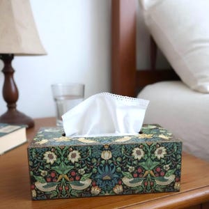 May include: A decorative tissue box featuring a detailed floral and bird design in green, blue, and cream. White tissues protrude from the top. The box is placed on a wooden surface.