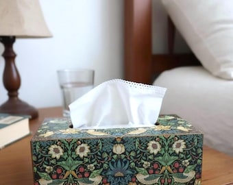 William Morris Wooden Tissue Cover Box, Strawberry Thief Floral Bird Design, Handcrafted