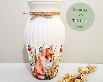 Foxes Robin Tall Glass Vase, Fox Robins 26 cm High Vase, Wildlife Themed Gifts, Farmhouse Table Centerpiece Vase, Country Home Decor Vase