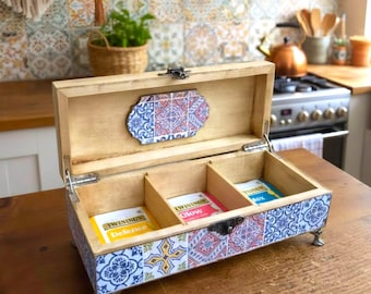 Moroccan Style Wooden Tea Box, Teabag Storage Organiser, Boho Kitchen Tea Lover Gift