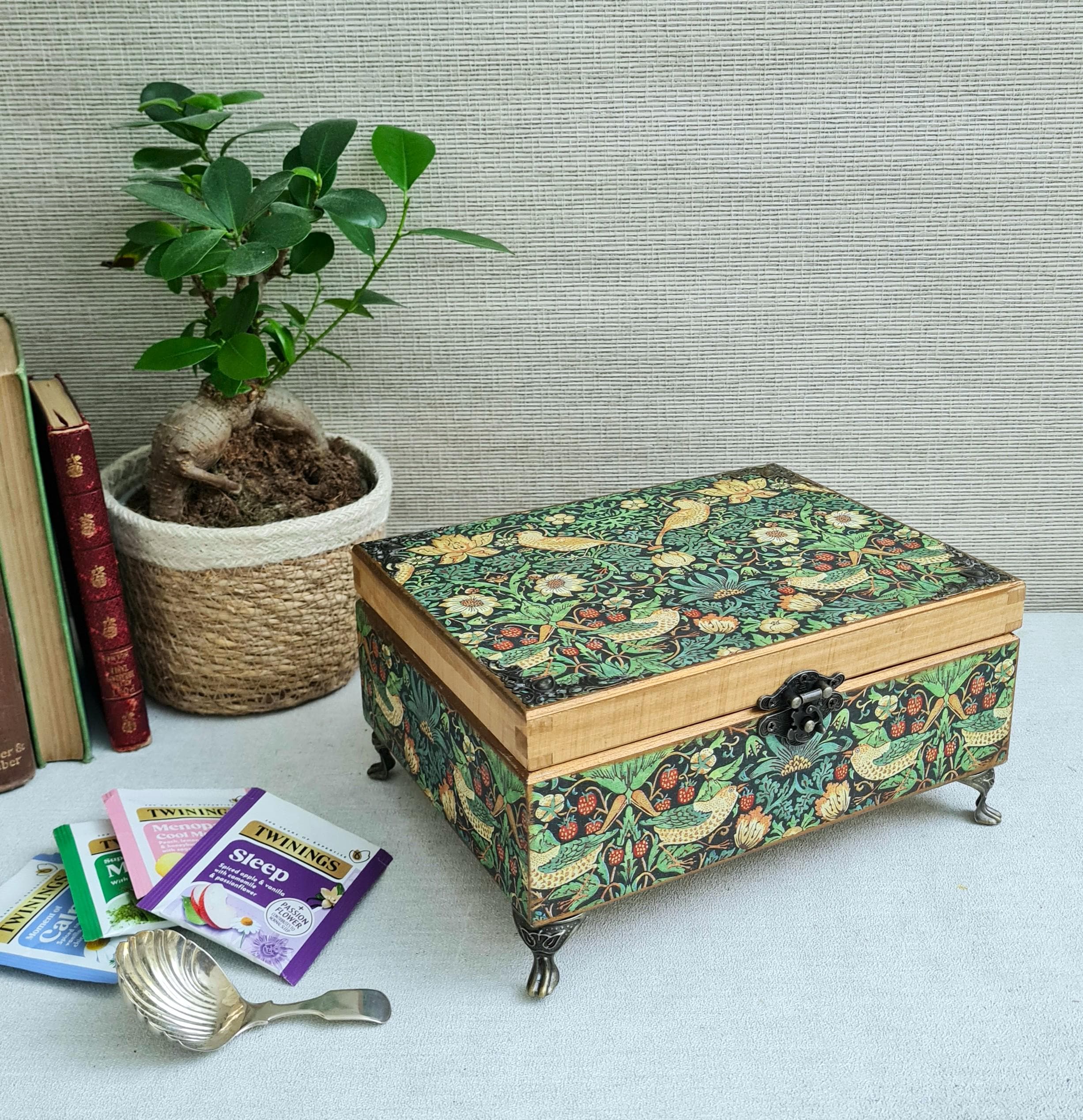 William Morris Wooden Tea Box, Floral Bird Design, Tea Organiser