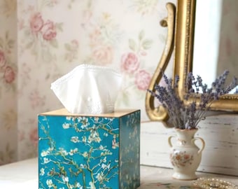 Van Gogh Turquoise Blossom Tissue Box, Floral Square Wooden Tissue Cover, Vintage Design