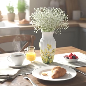 Tall large ribbed daffodil glass vase, A pretty daffodil long stemmed 26cm in height 14 cm width glass vase primed and painted in a white chalk paint providing the perfect backdrop for the decoupaged yellow daffodils all around the vase and is sure to bring a touch of nature and colour to any room