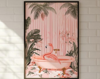 Flamingokonstposter, Flamingo i ett bad, Dopamin-väggkonst, Maximalist-poster, Rosa kitschig estetisk poster, Preppy-konst, Trendig poster