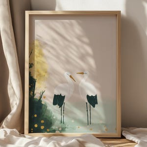 Arte mural de cigüeña, impresión minimalista de pájaro, póster de naturaleza escandinava, arte en tonos pastel suaves, arte de vida silvestre serena, impresión estética primaveral, arte rústico