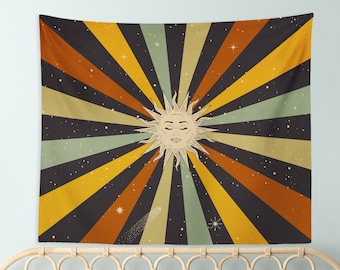 Sun and Moon Wall Tapestry, 70s Wall Art Decor, Retro Wall Hanging, Trippy Hippie Tapestry, Cosmic Wall Decor, Colorful Rainbow Art Decor