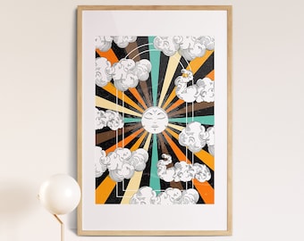 May include: A framed print with a retro sun and clouds design. The sun has a face and is surrounded by colorful rays. The background is black with white clouds.