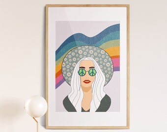 70s Rainbow Art, Mid Century Modern Art, Vintage Art Poster, 70s Floral Pattern Print, 70s Home Decor, Hippie 70s Decor, Summer of Love