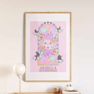 Impresión de arte de pared de los años 70, póster de sol y luna, póster vintage, decoración de pared de sala de estar, arte infantil de flores, póster de diosa de la luna, arte psicodélico