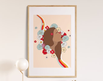70er Blumen Muster Druck, 70er Jahre Regenbogen Kunst, Flower Power, Hippie 70er Dekor, Retro 70er Jahre Home Dekor, 70er Jahre Wandkunst, Vintage Poster, Blumenkind
