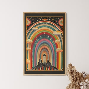Impresión de arte arco iris, cartel psicodélico, decoración de pared espiritual, arte de pared de los años 70, cartel vintage, colgante de pared cósmico, arte de pared de moda, arte preppy